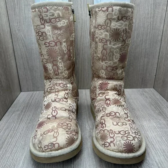 UGG 5515 Tall Winter Boots Womens 6 Lined Monogram Logo Zip Tan Beige - Picture 3 of 12